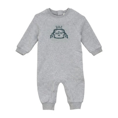 A front view of the Mini P grey and teal onesie with velvet emblem.
