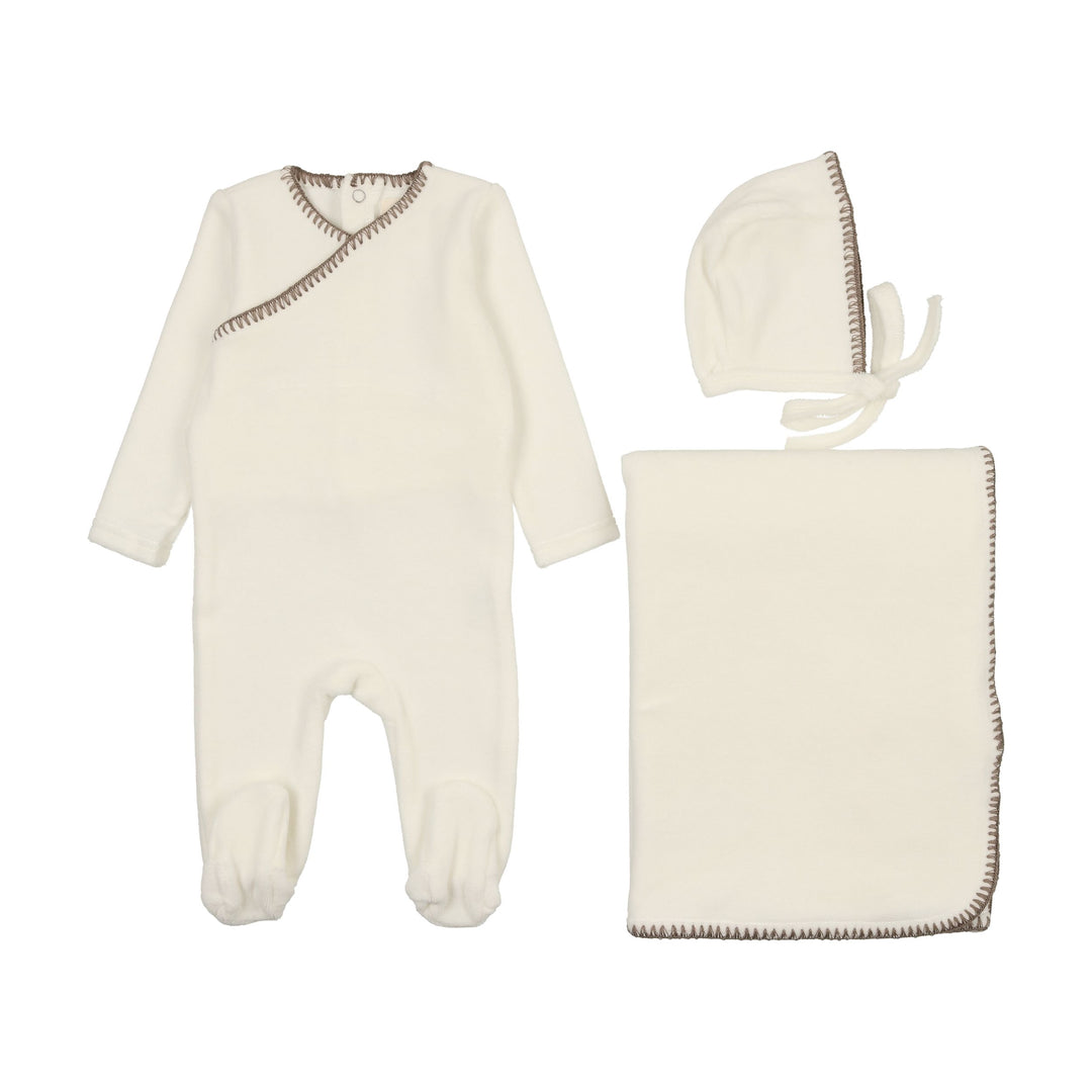 Mema Knits Cream Mink Velour Embroidered 3 Pc Set