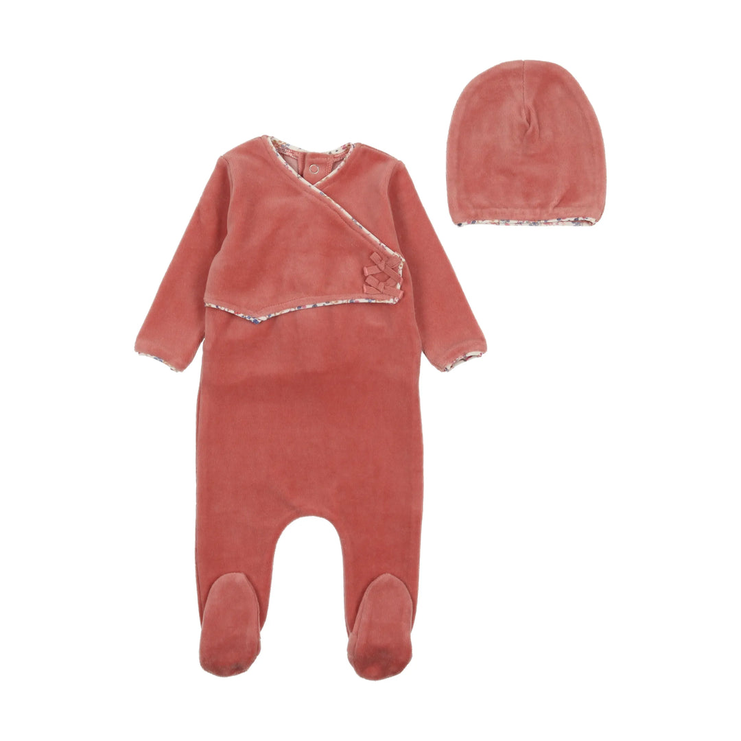 Bee & Dee Dark Rose Print Trim Footie + Beanie