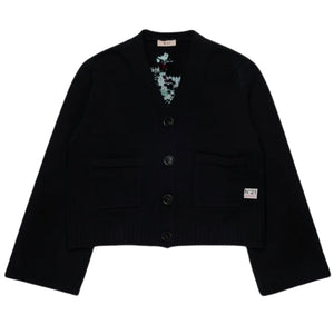 A front view of the simple black N21 knit cardigan for girls.