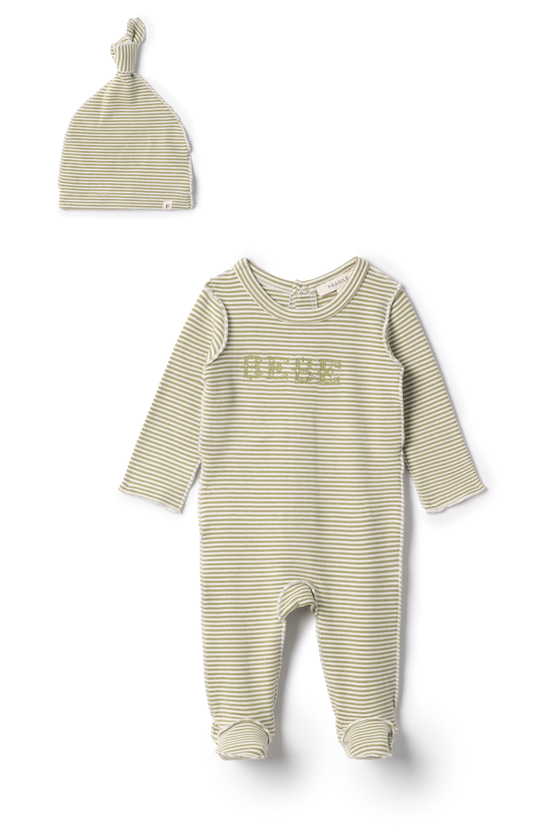 Fragile Olive Brushed Stripe Bebe Footie Set