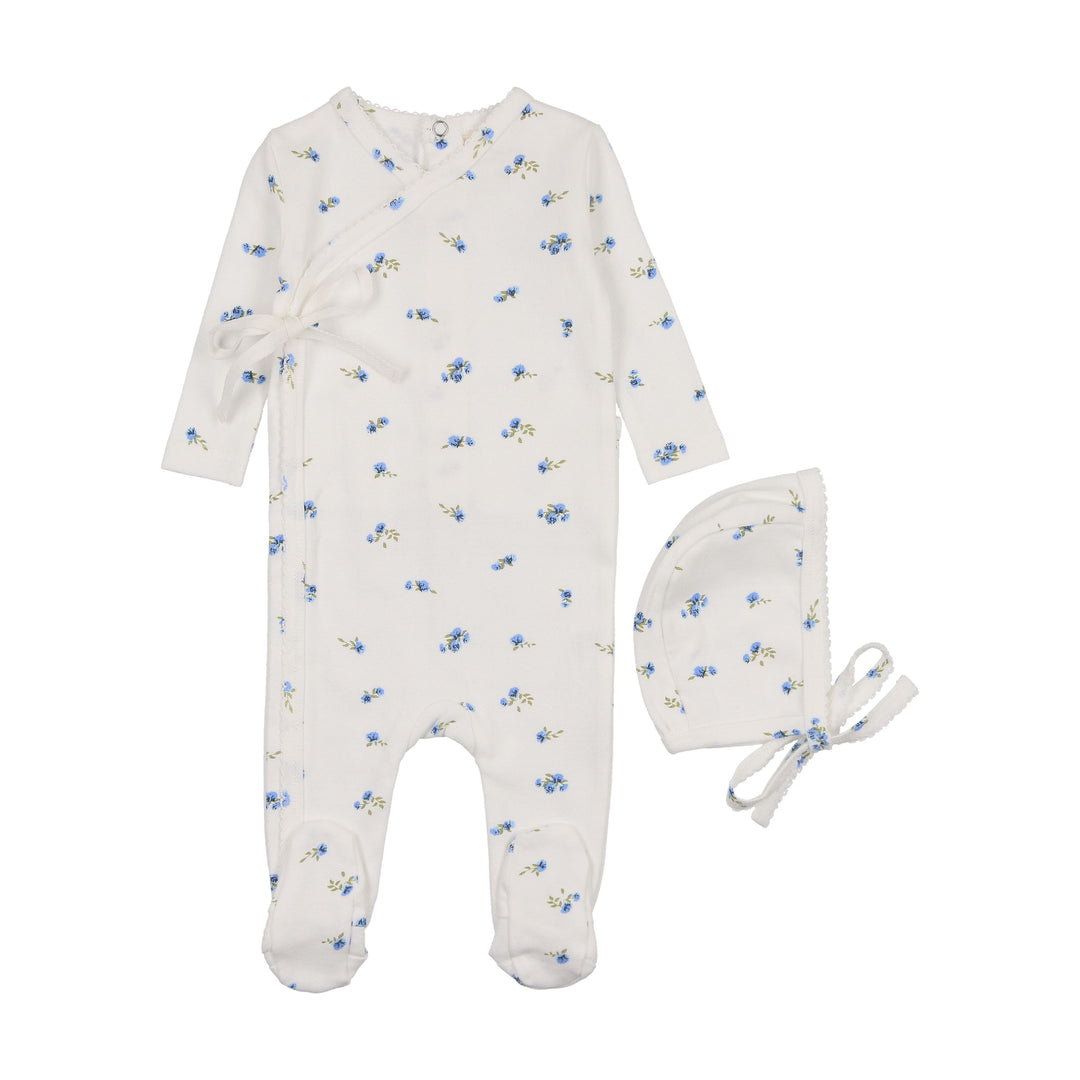 Mema Knits Floral Blue Pointelle Side Snap Footie + Bonnet