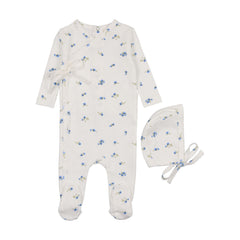 Mema Knits Floral Blue Pointelle Side Snap Footie + Bonnet