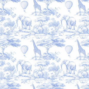 Pattern of blue animals and hot air balloons on a white background