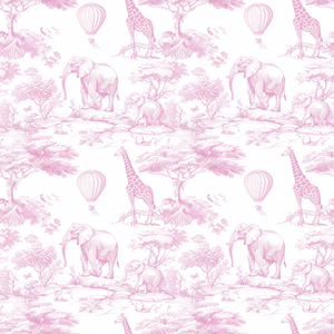 Pattern of pink animals and hot air balloons on a white background