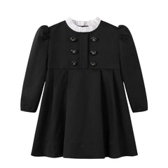 A front view of the Nou Nelle black taffeta double-breasted dress for children.