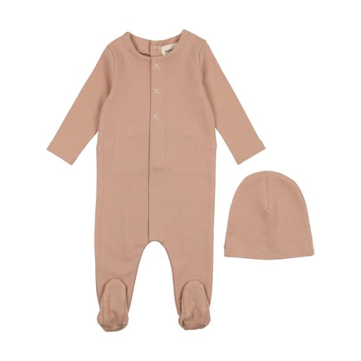 Mema Knits Pink/Cream Three Stitch Footie + Beanie