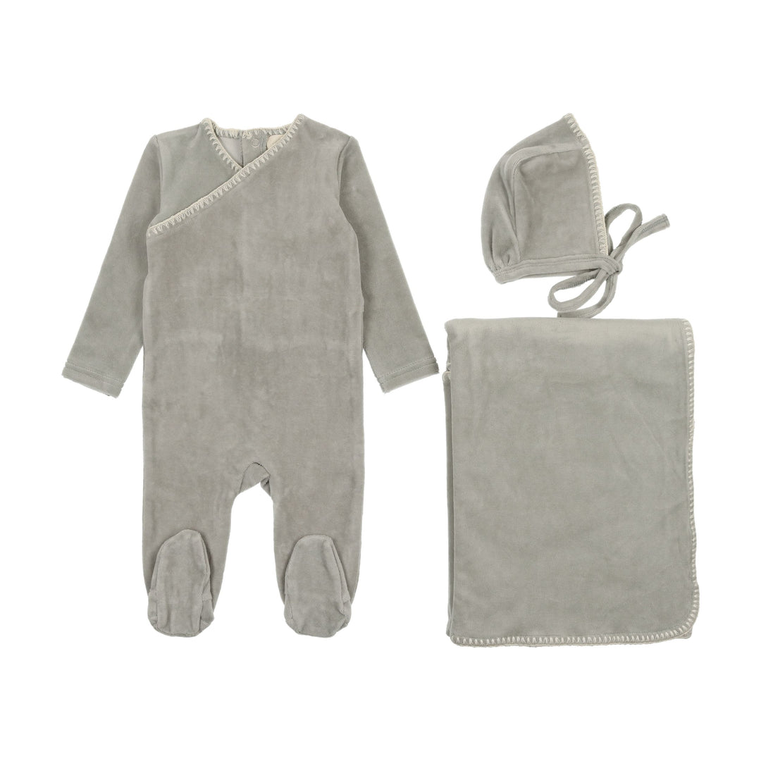 Mema Knits Powder Blue Velour Embroidered 3 Pc Set