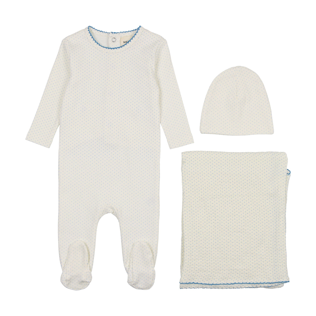 Mema Knits Blue Polka Dot 3 Pc Layette Set