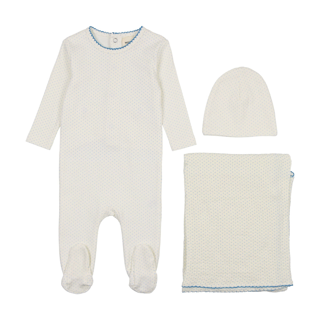 Mema Knits Blue Polka Dot 3 Pc Layette Set