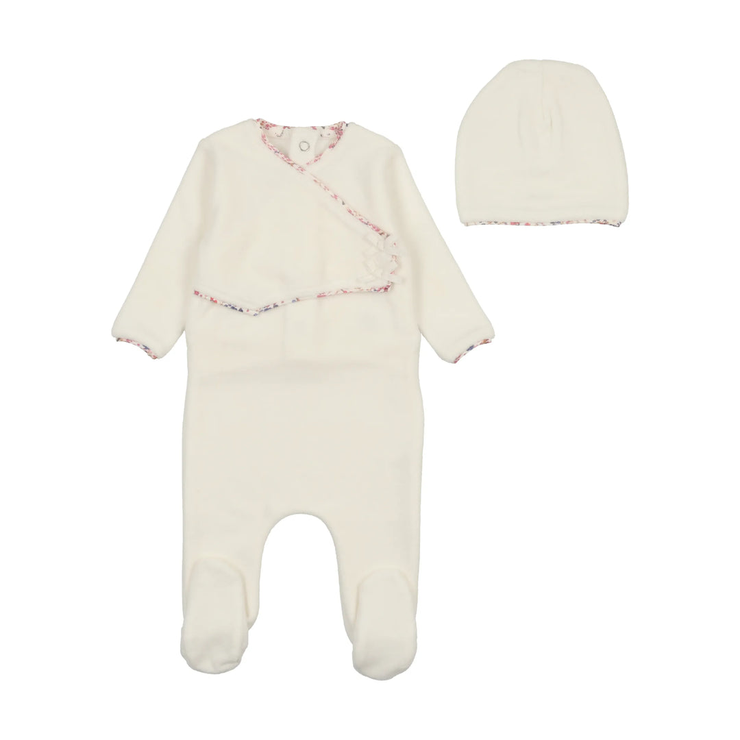 Bee & Dee Ivory Girls Print Trim Wrap Footie + Beanie