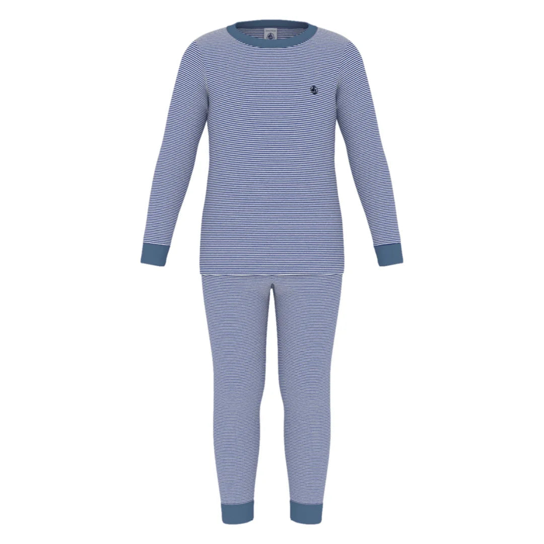 Blue striped pajama set on a white background