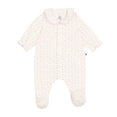A breathtaking Petit Bateau collared footie featuring an immaculate white multi-heart print, seamless front snap closures, and a cozy footed silhouette.