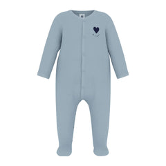 A breathtaking Petit Bateau velour footie featuring an immaculate blue palette, delicate heart detail, and convenient front snap closures.