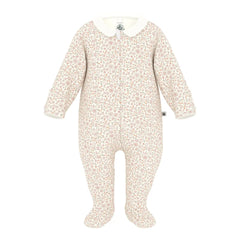 A breathtaking Petit Bateau baby footie featuring an immaculate multi-color floral print, an elegant collar, and a convenient front zip closure.