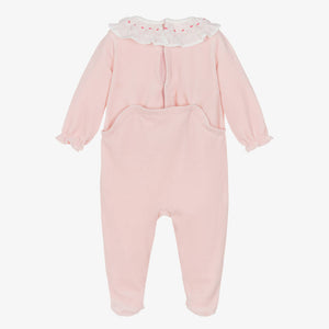 Petit Bateau Baby Girls Pink Velour Sleepsuit with White Smocked Ruffle Collar