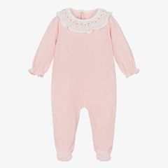 Petit Bateau Baby Girls Pink Velour Sleepsuit with White Smocked Ruffle Collar