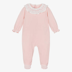 Petit Bateau Baby Girls Pink Velour Sleepsuit with White Smocked Ruffle Collar