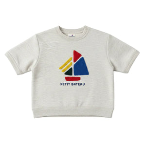 A breathtaking Petit Bateau pullover sweatshirt featuring an immaculate oatmeal palette and a classic heritage boat logo graphic.
