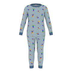A breathtaking Petit Bateau two-piece pajama set featuring an immaculate blue ski print on a long-sleeve top and matching pants.