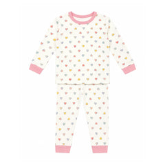 A front view of the Petit Bateau girls' heart-printed long-sleeve top and pants lounge set.