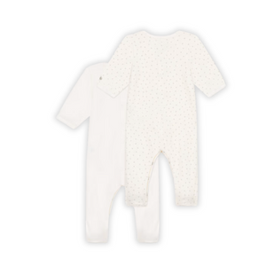White baby onesie with a subtle pattern on a white background