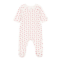 A breathtaking Petit Bateau Velour Footie featuring a pristine white palette, a delicate red heart print, and seamless side snap closures.