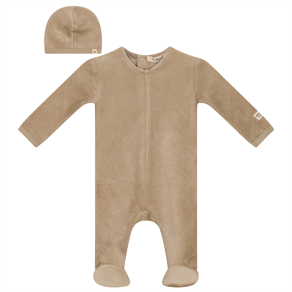Fragile Bebe Stone Rib Velour Footie with Hat