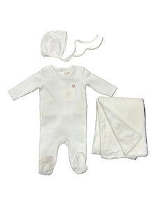 Mema Knits White/Rose Heart Ribbed Velour Emb 3 Pc Set