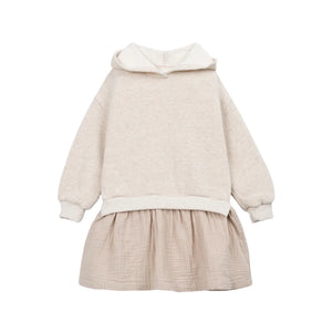 A front view of the Play Up mixed dress in beige.