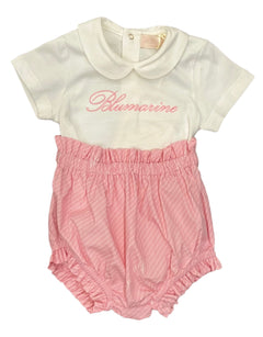 Miss Blumarine White Rhinestone Bodysuit with Pink Stripe Shorts