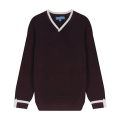 A front view of the Pompomme cocoa button loop detail sweater.