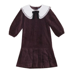 front view of the Pompomme cocoa scallop collar shirt dress.