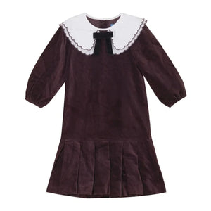 front view of the Pompomme cocoa scallop collar shirt dress.