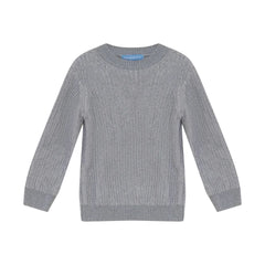 A front view of the Pompomme grey knit mockneck sweater.
