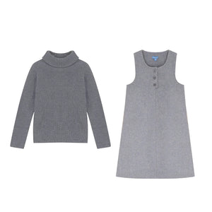 A front view of the Pompomme grey wool knit baby dress set with placket detail.