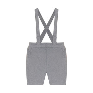 A front view of the Pompomme grey wool knit baby bermuda shorts set.