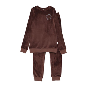 A front view of the Pouf brown velour pajama set with blue logo embroidery.