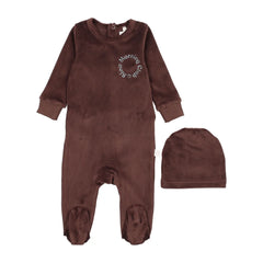 A front view of the Pouf brown velour baby footie with signature logo embroidery.