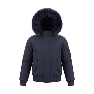 A front view of the Pramie navy matte jacket for boys.