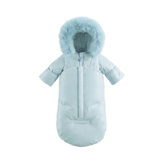 A front view of the Pramie blue snow suit for boys.