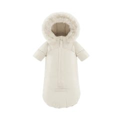 A front view of the Pramie light beige snow suit for boys.