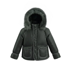 A front view of the Pramie green corduroy jacket for little boys.