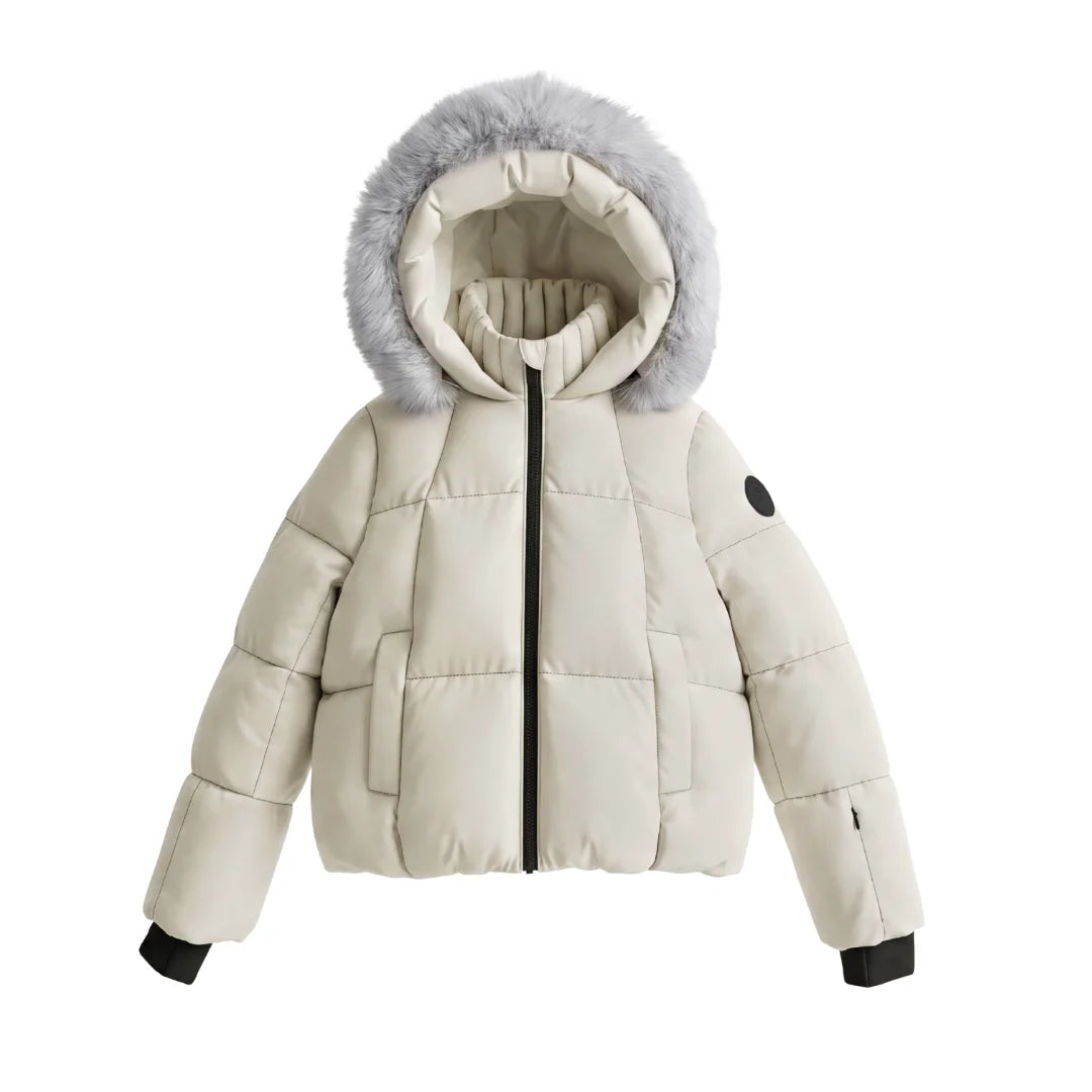 A front view of the Pramie beige fluted neck bomber jacket for children.