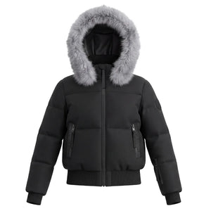 A front view of the Pramie silver fox bomber jacket for children.