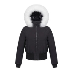 A front view of the Pramie white fur bomber jacket for children.