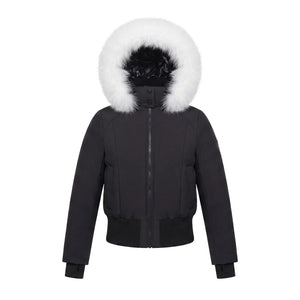 A front view of the Pramie white fur bomber jacket for children.