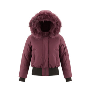 A front view of the Pramie burgundy bomber jacket for girls.