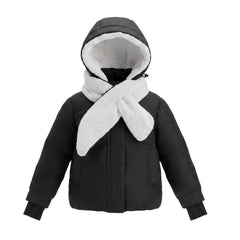 A front view of the Pramie black and ivory shawl jacket for girls.