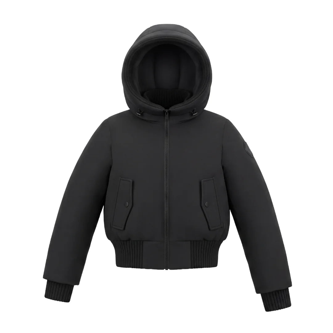 A front view of the Pramie black knit contrast bomber jacket for children.